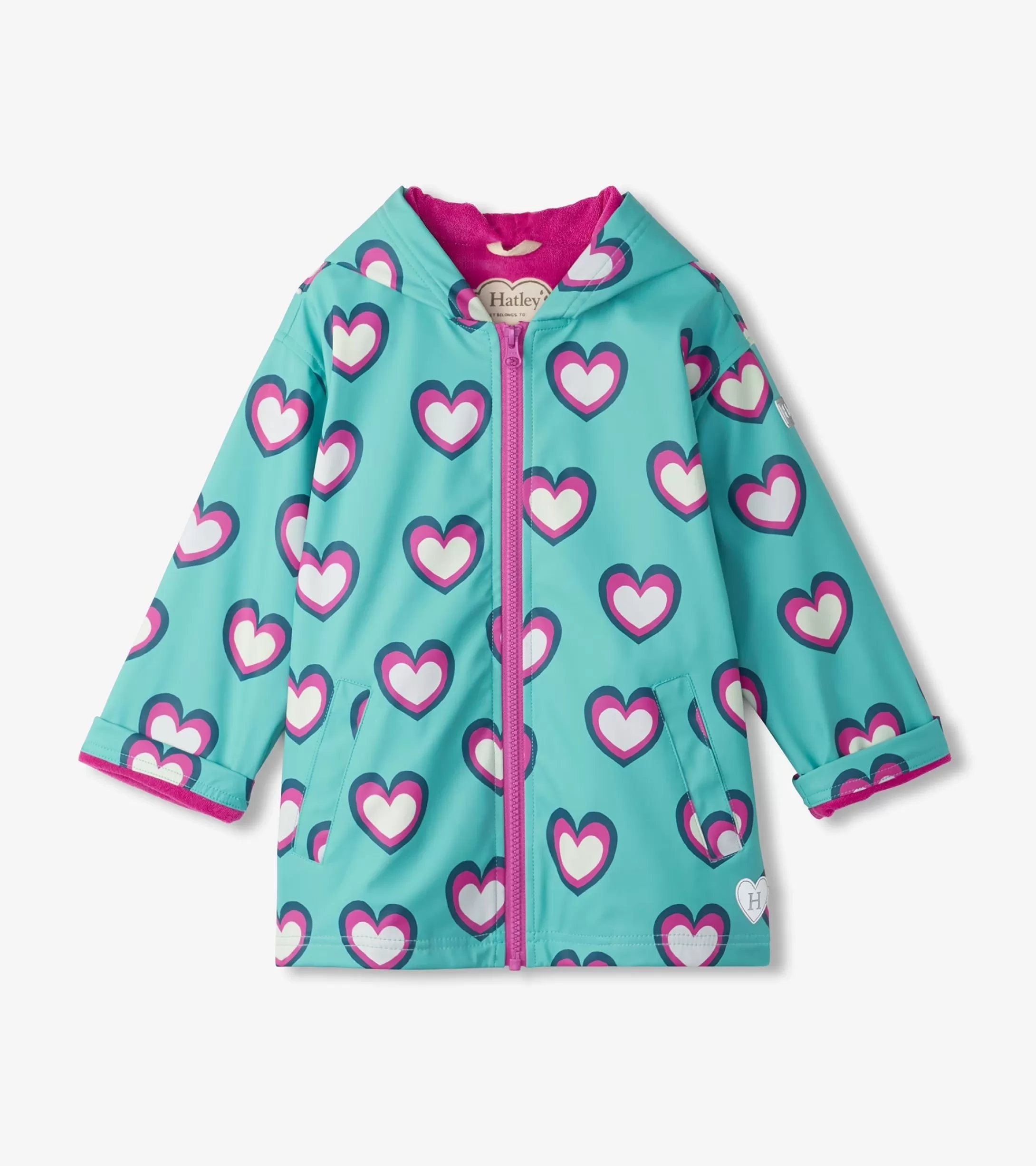 Hatley Girls Hearts Colour Changing Zip-Up Rain Jacket New